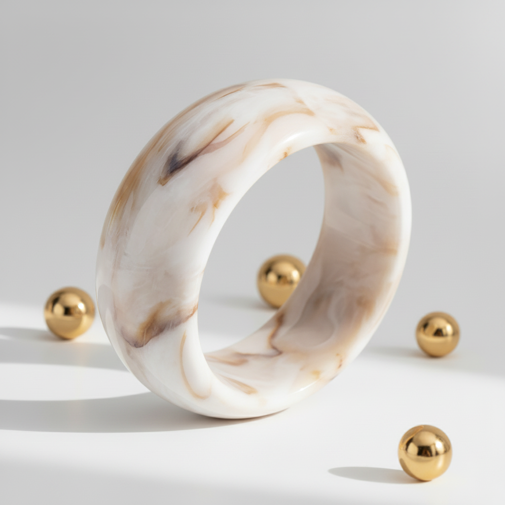 White Marble Chunky Resin Bangle Wide 34mm - Luxury Jewelry Styling | Ms Friesch