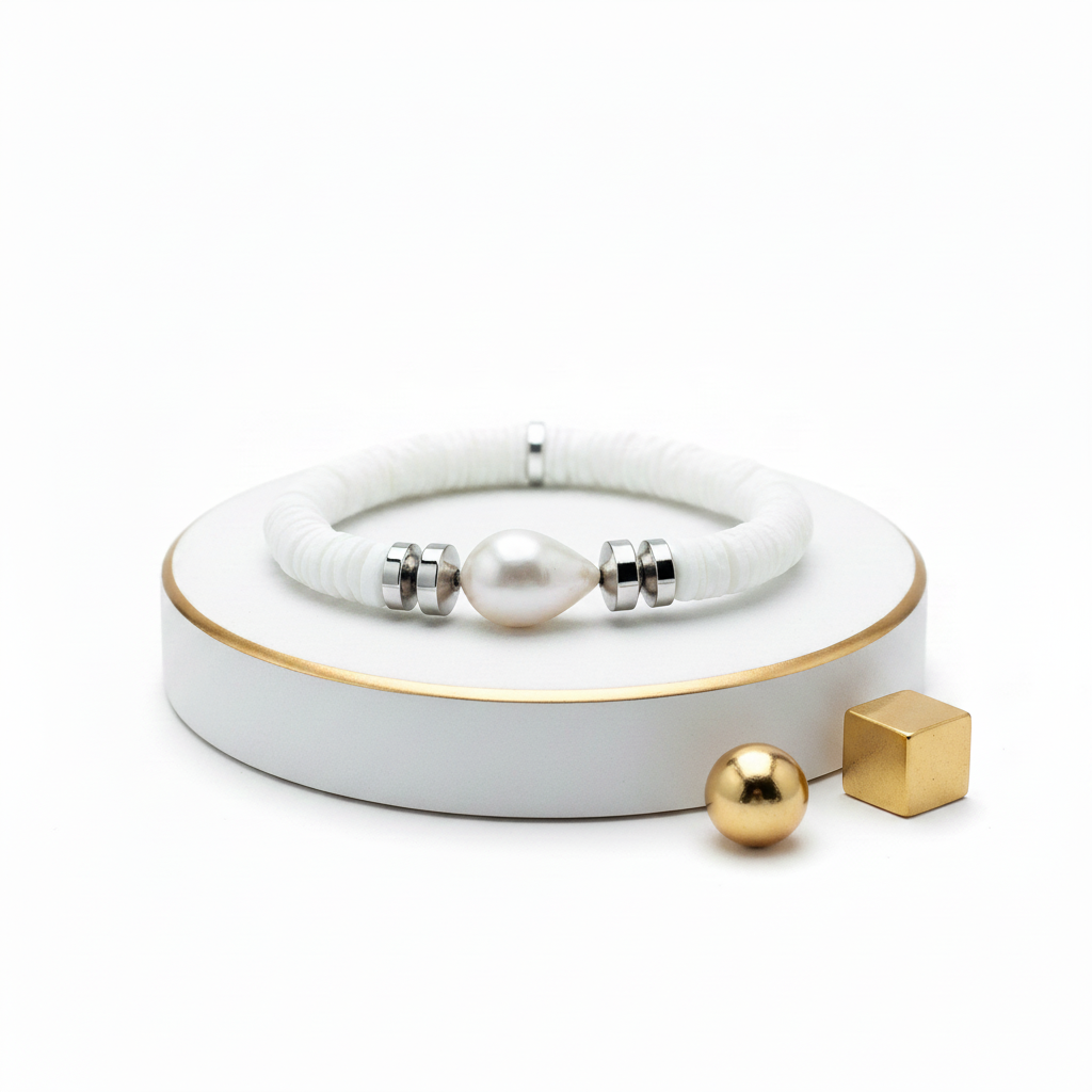 White Shell Baroque Pearl Stretch Bracelet Silver – Boho Beach Jewelry