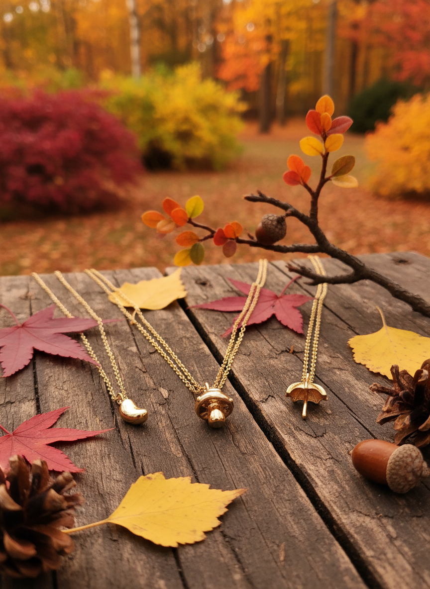 gold charm necklaces with a mushroom, umbrella or a tiny bean