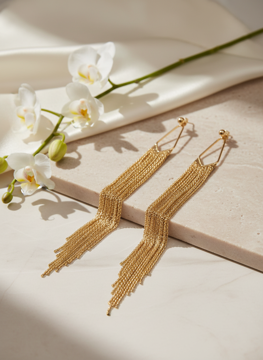 Long Gold Fringe Stud Earrings