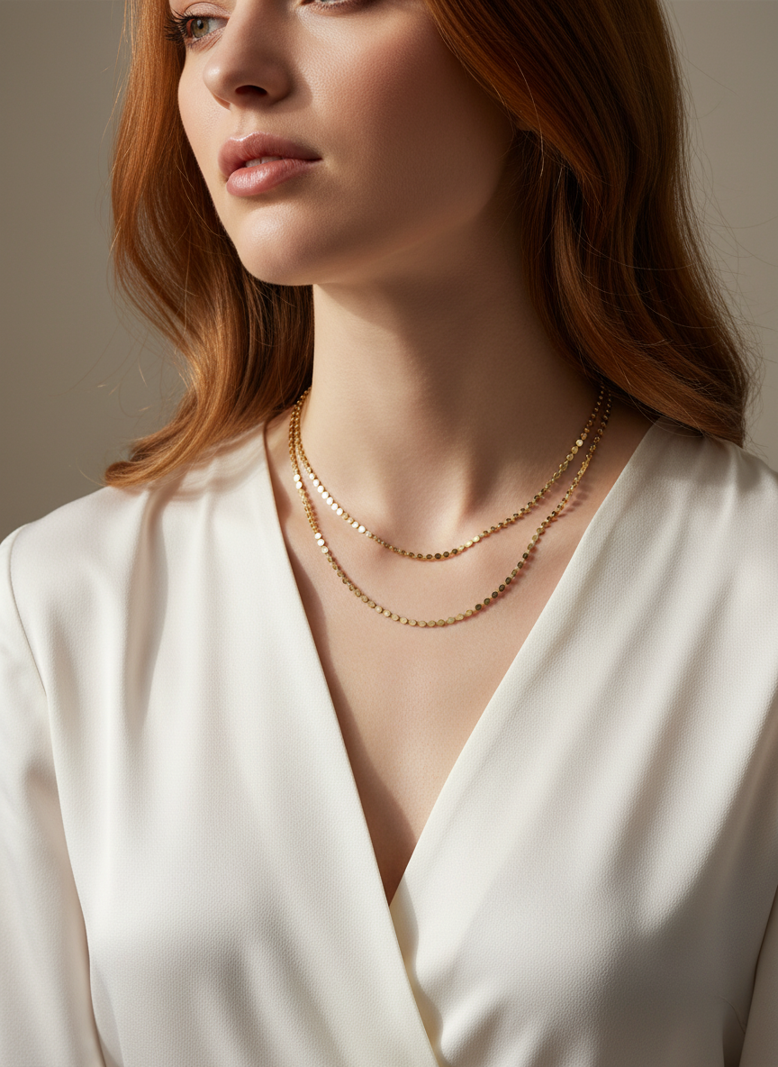 18k Gold Plated Disc Necklace on Reddish Hair Model