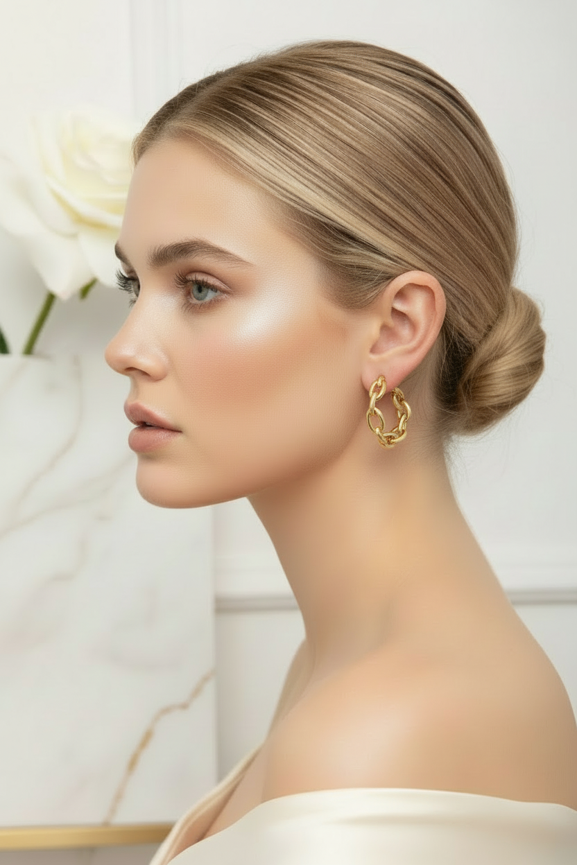 Blonde woman wearing 18K gold plated link chain hoop earrings 24mm