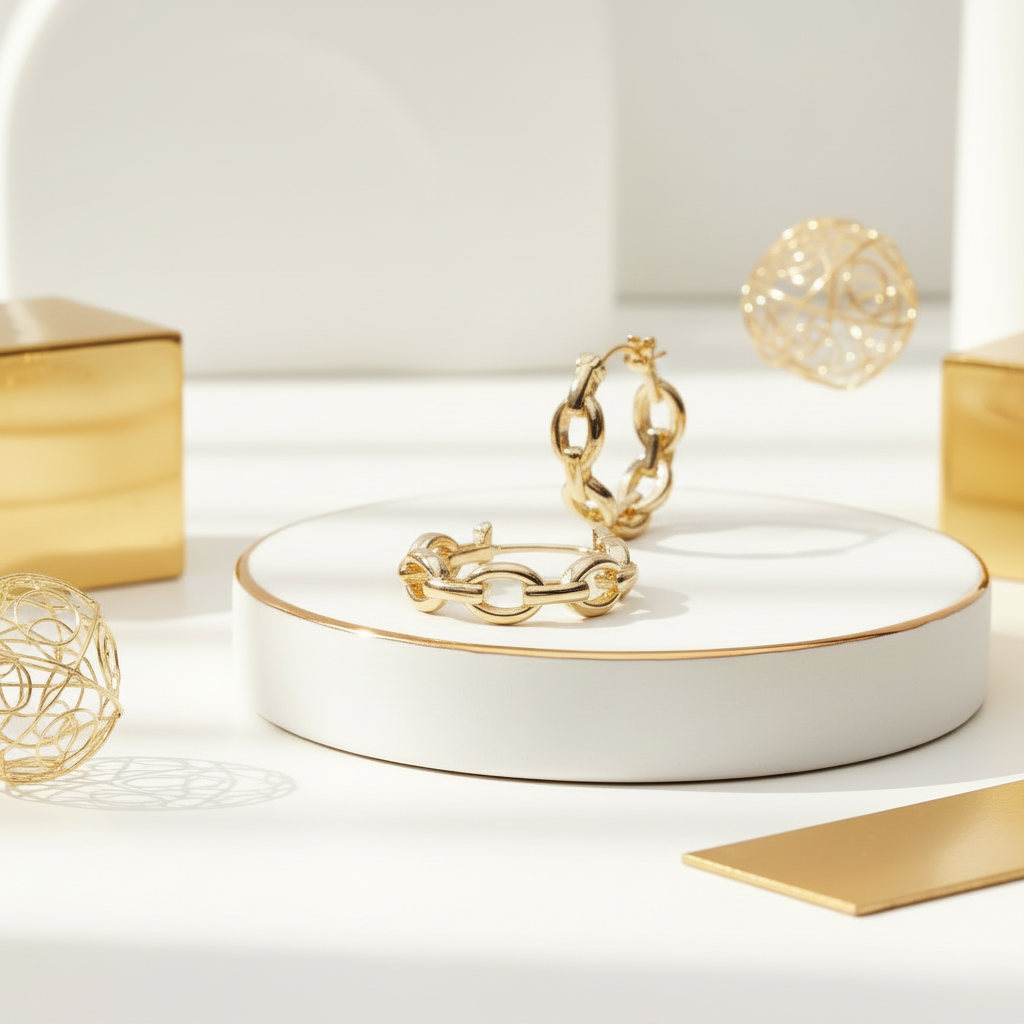 18K gold plated link chain hoop earrings pair in elegant white and gold setting