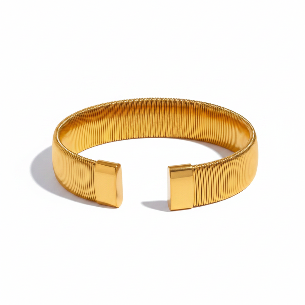18k PVD gold stainless steel cuff bracelet, 10mm wide open bangle, waterproof tarnish-resistant, Ms Friesch
