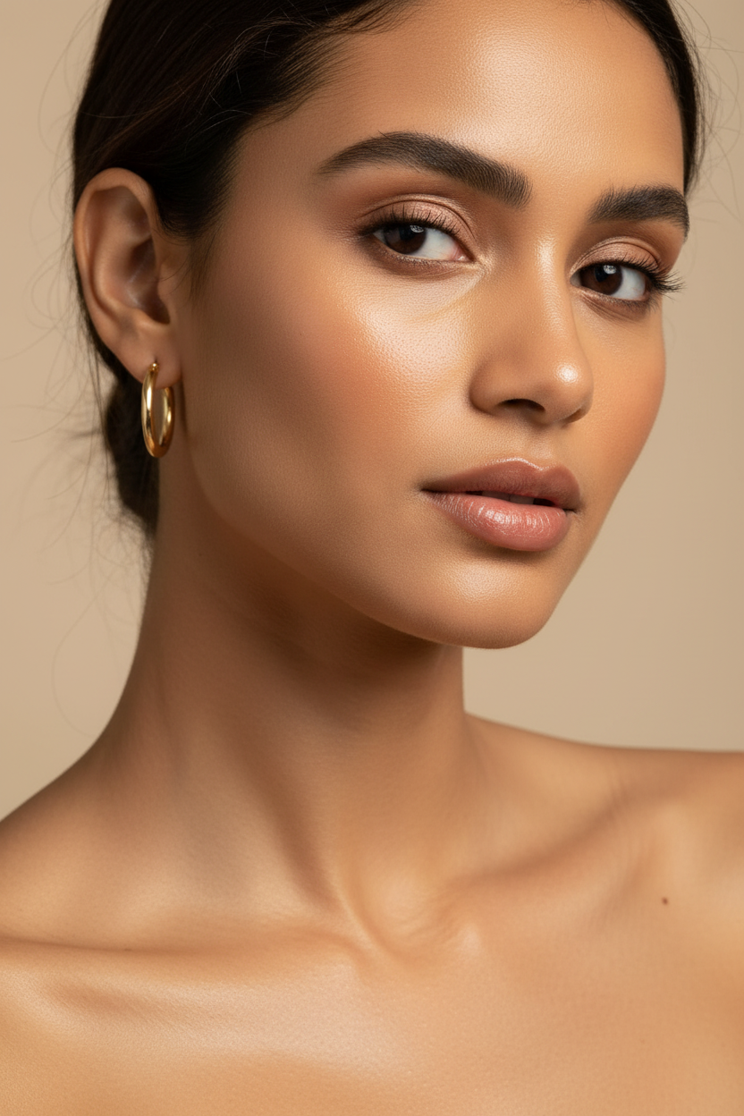 Woman wearing 18k gold plated hoop earrings 20mm - elegant everyday hoops
