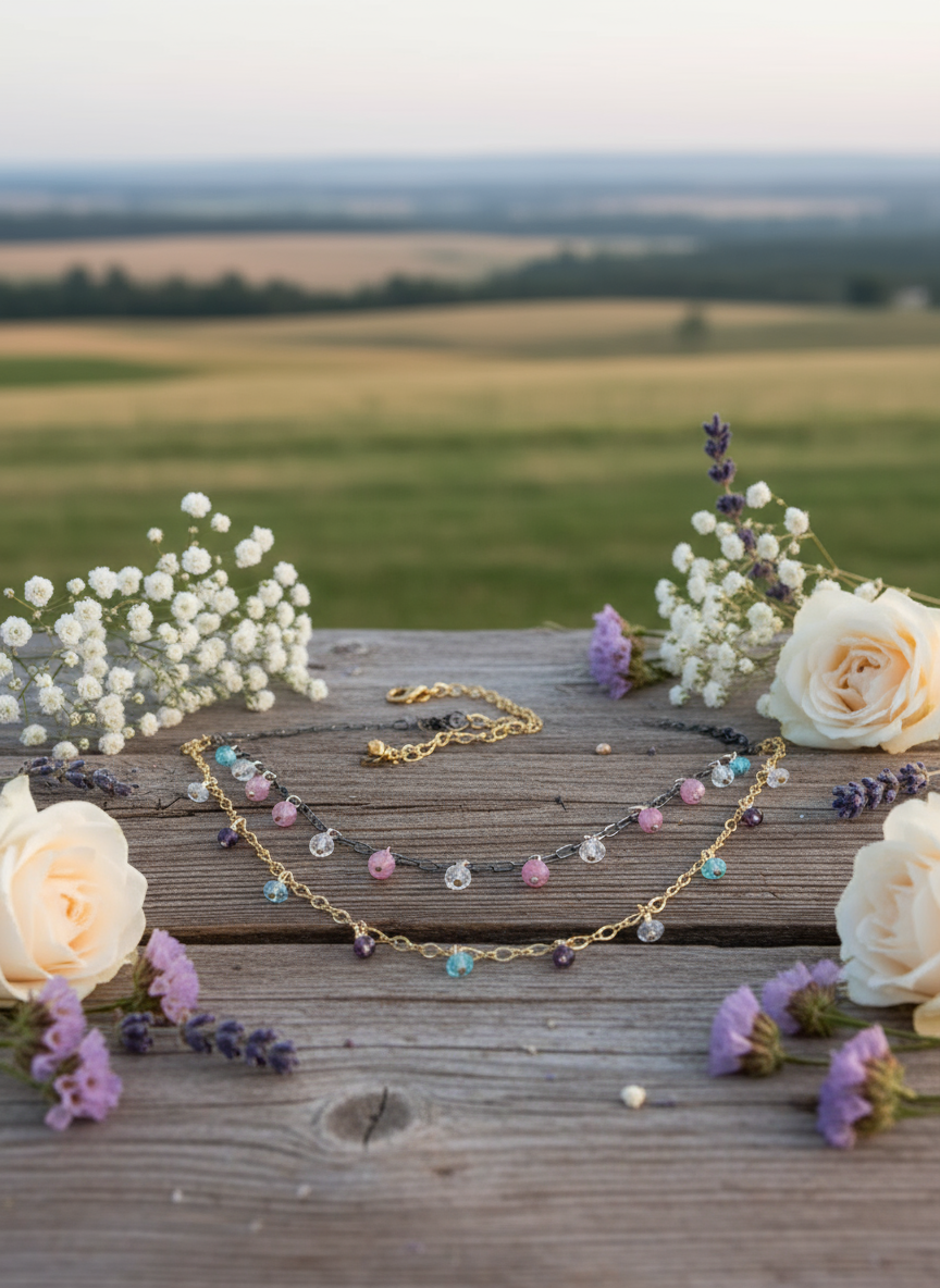 Rose gold tourmaline and rose quartz dangling necklace - sterling silver and 14k rose gold filled