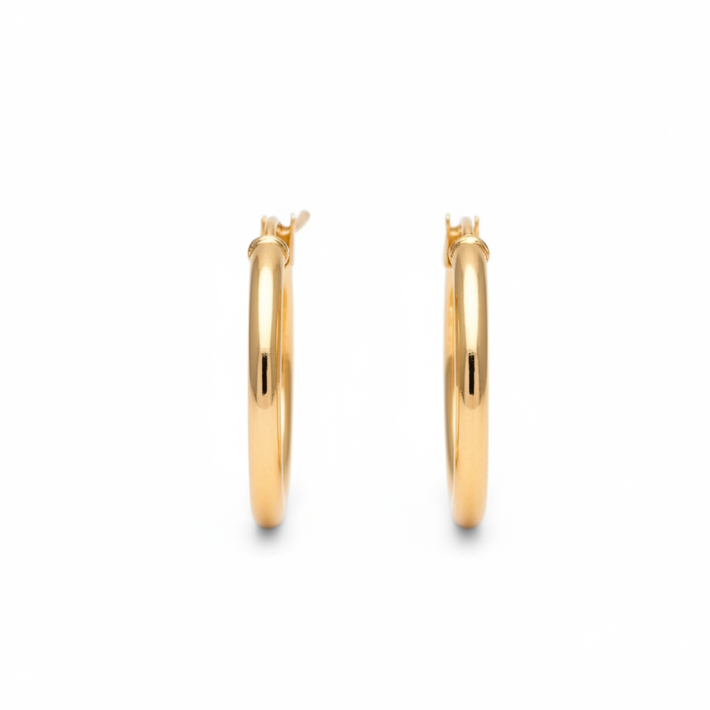 18k gold plated hoop earrings 30mm on white background - statement hoops with secure closure
