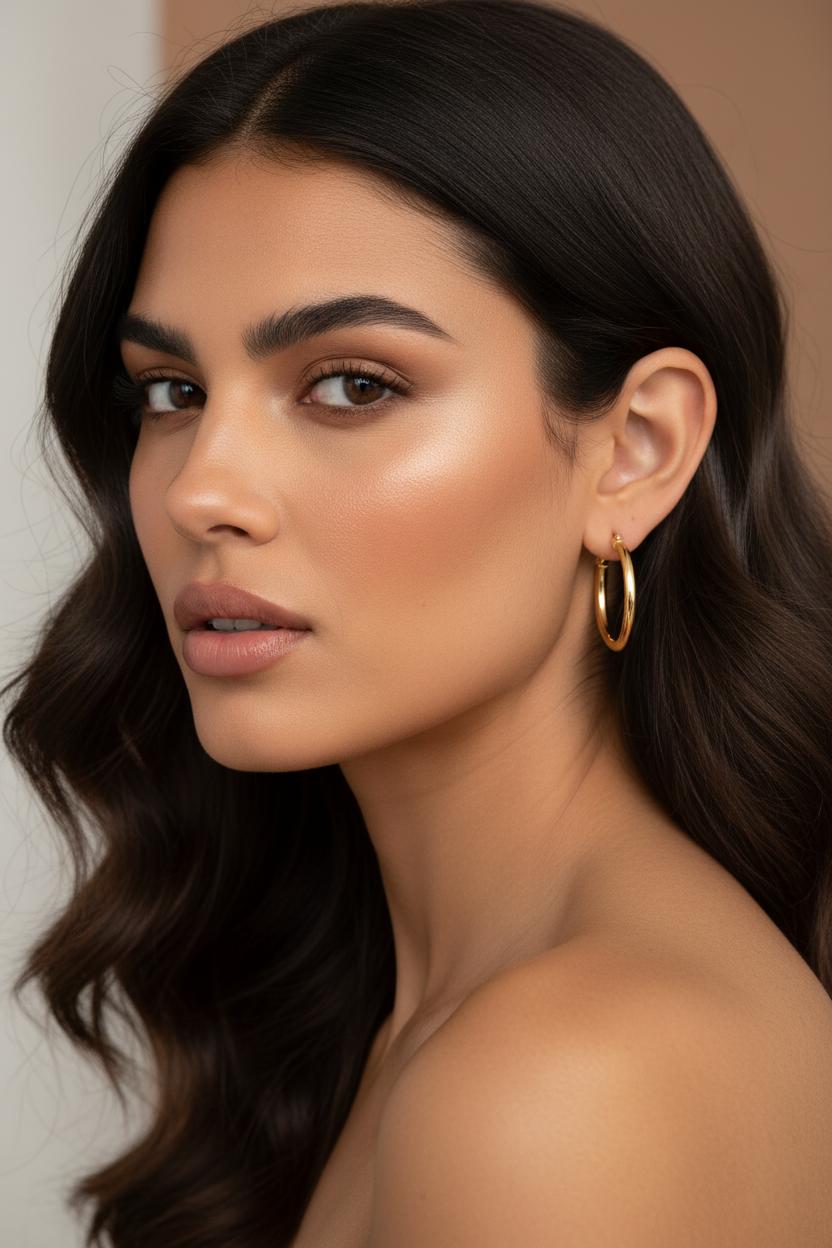 Woman wearing 30mm gold hoop earrings - 18k plated statement hoops for everyday elegance
