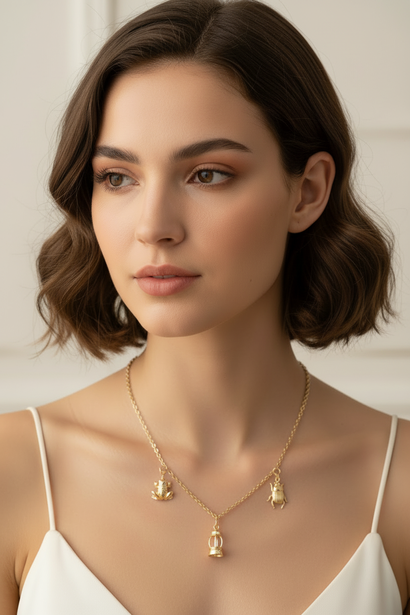 Woman wearing gold charm necklace with frog lighthouse scarab beetle charms brown hair model