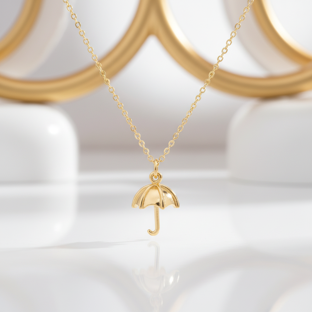 18k gold plated umbrella pendant necklace in white and gold luxury setting | Ms Friesch
