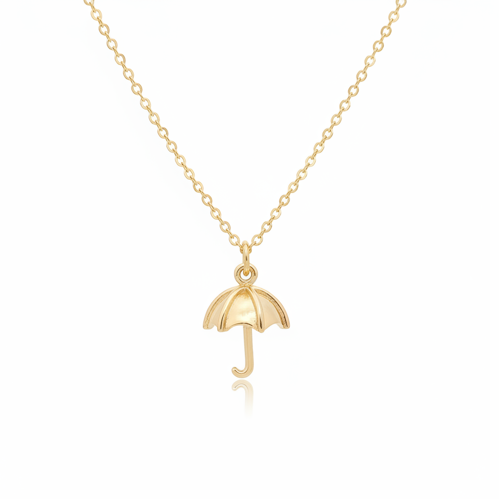 3D umbrella charm necklace 18k gold plated on white background | Ms Friesch
