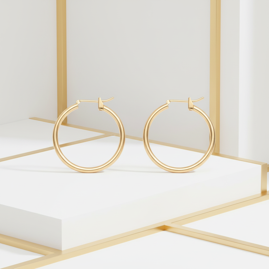 40mm gold plated hoop earrings close-up - handcrafted bold hoops with slim 1.5mm thickness
