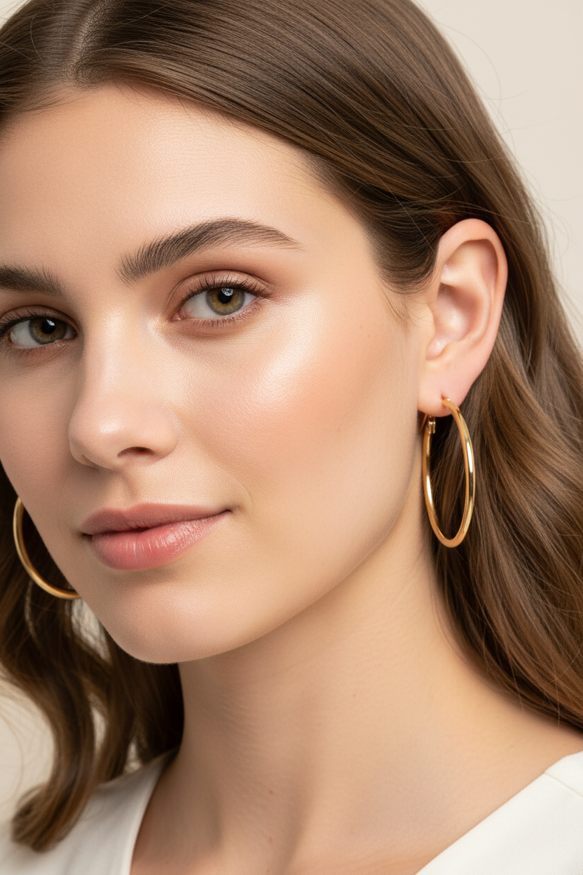 Woman wearing 40mm gold hoop earrings - 18k plated bold statement hoops for confident style
