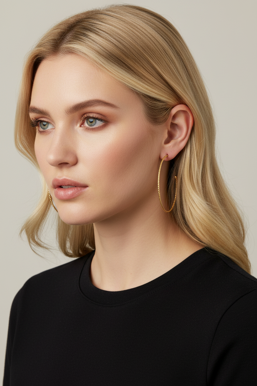 48mm Textured Gold Hoops on Blonde Model with Black Shirt