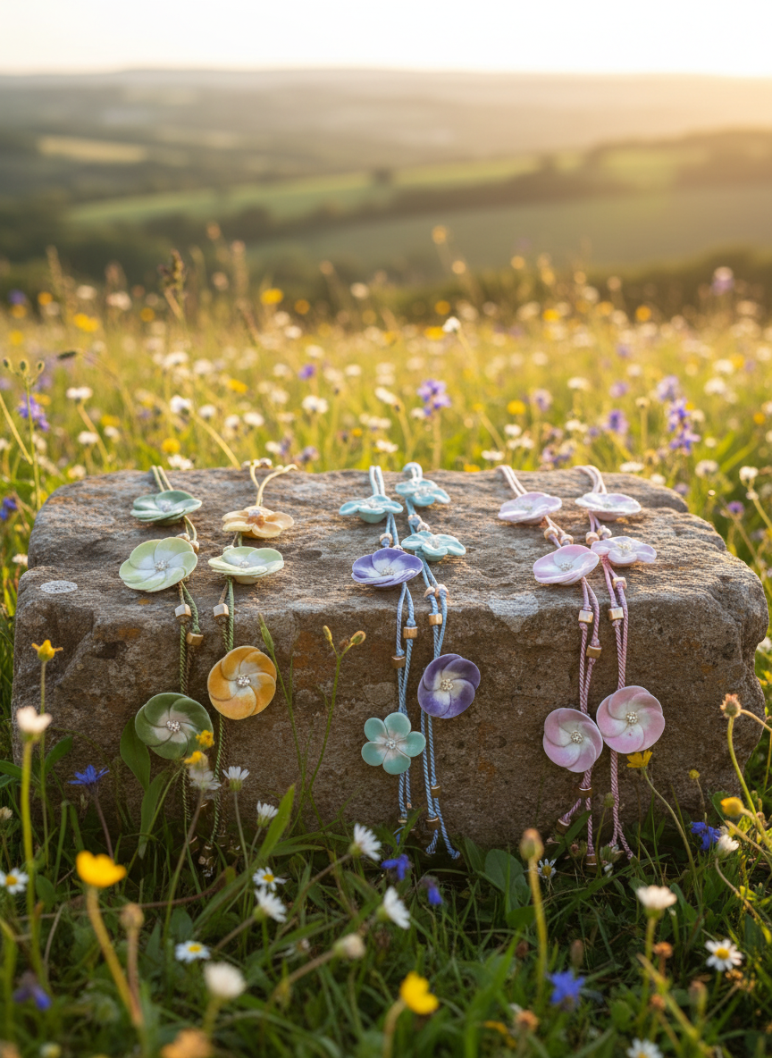 French Ceramic Flower Open Necklace - Pastel Green, Yellow & Earthy Brown Silk Lariat