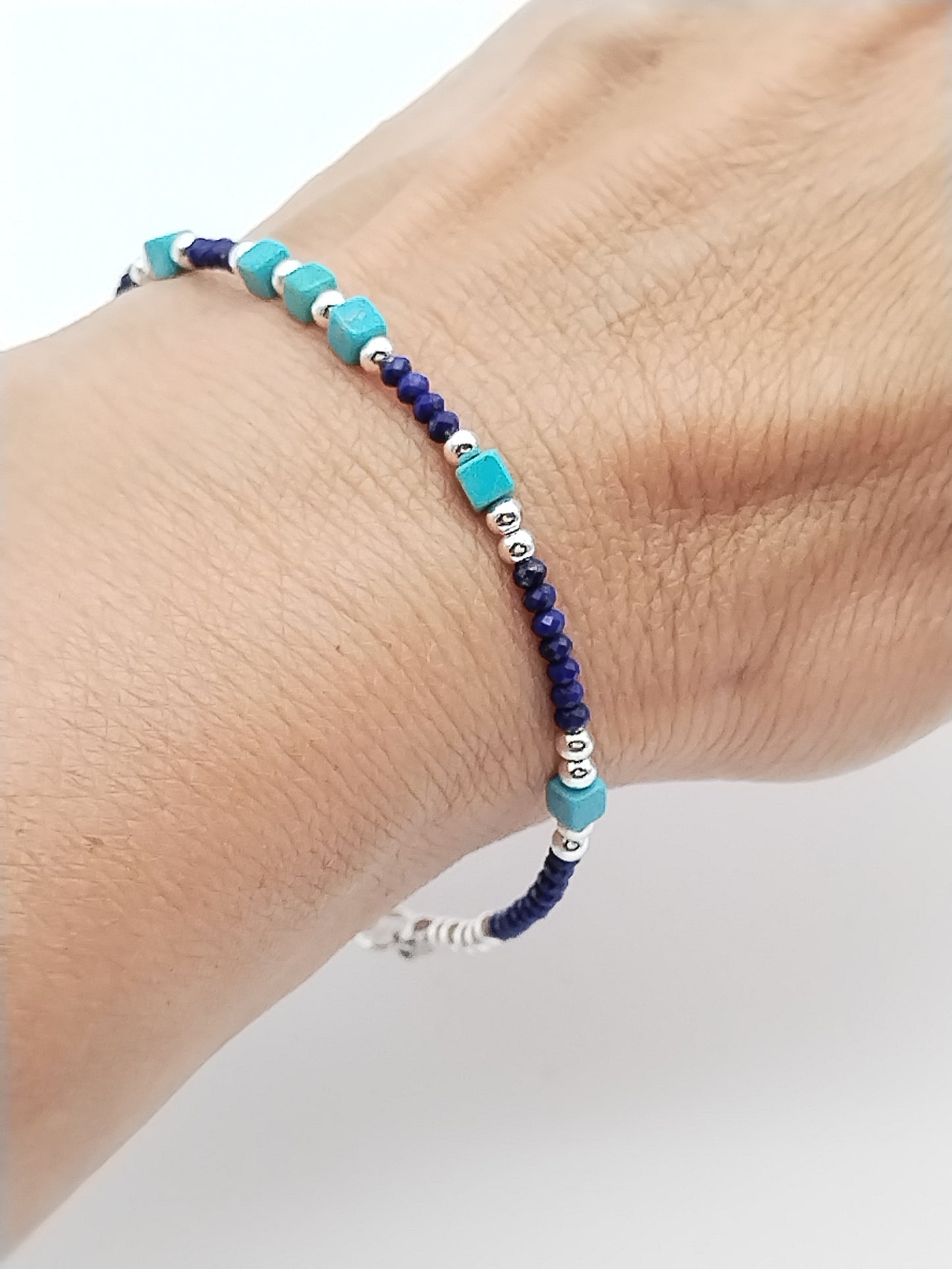 Pulsera de turquesa y lapislázuli, piedras preciosas con cuentas, plata de ley, mujeres, joyas, niñas, regalos, aniversario, para ella