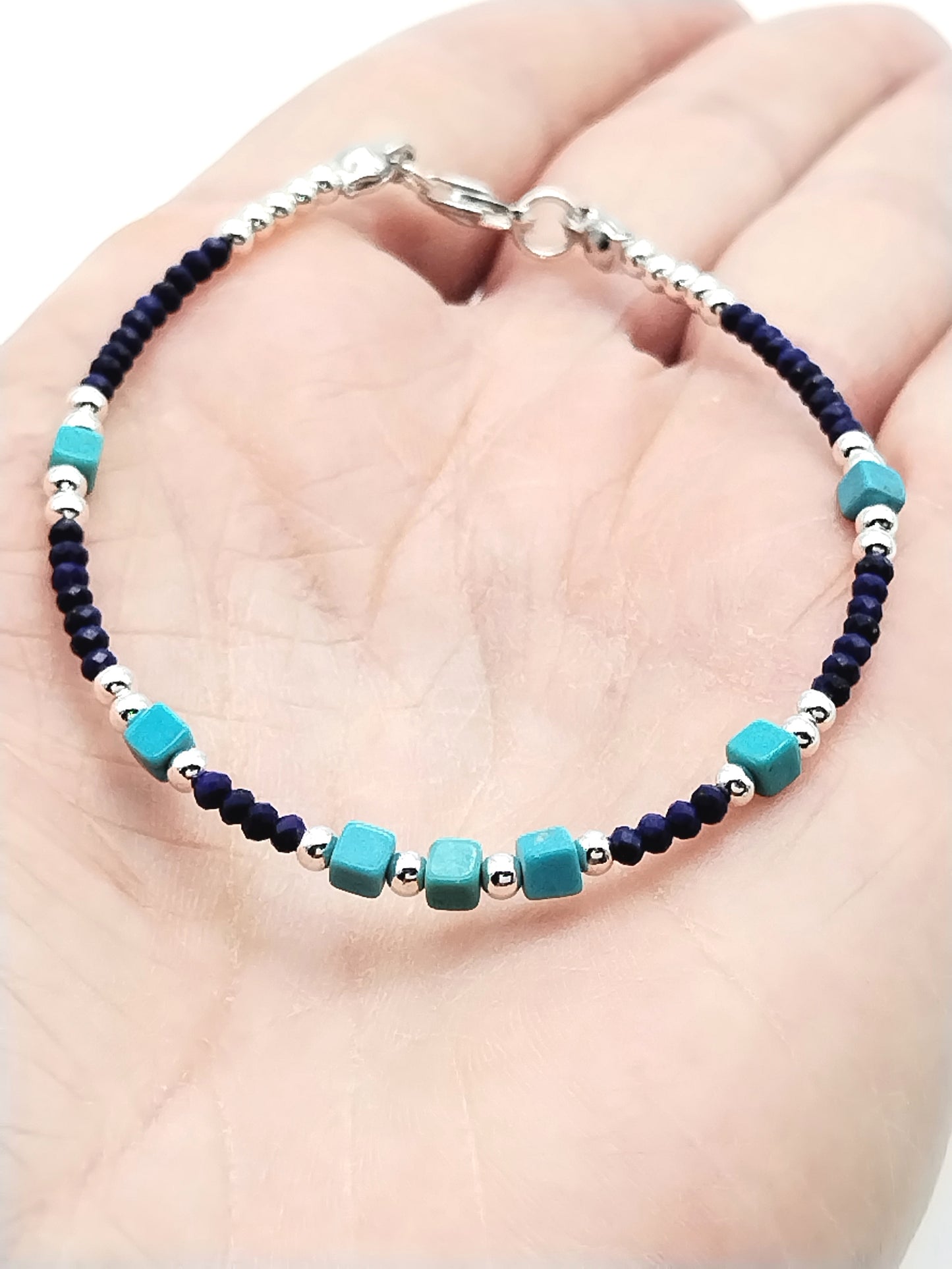 Pulsera de turquesa y lapislázuli, piedras preciosas con cuentas, plata de ley, mujeres, joyas, niñas, regalos, aniversario, para ella