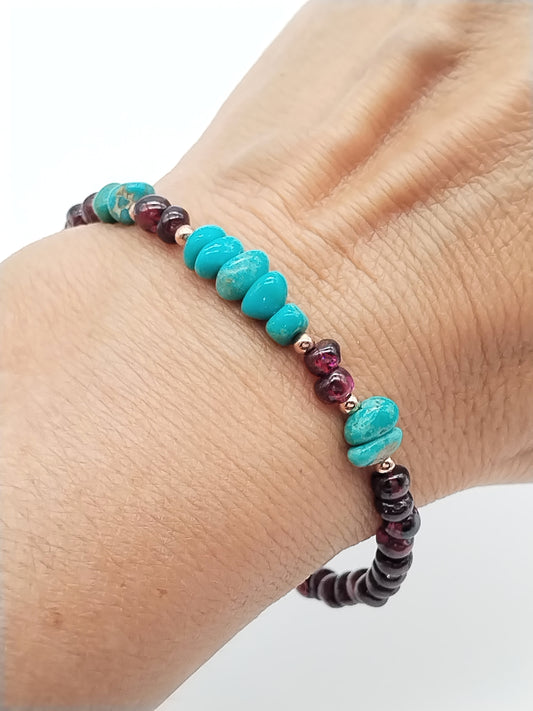 Garnet Turquoise Bracelet, Gemstone Nuggets, 14k Gold Filled, Rose Gold, Women, Jewelry, Boho