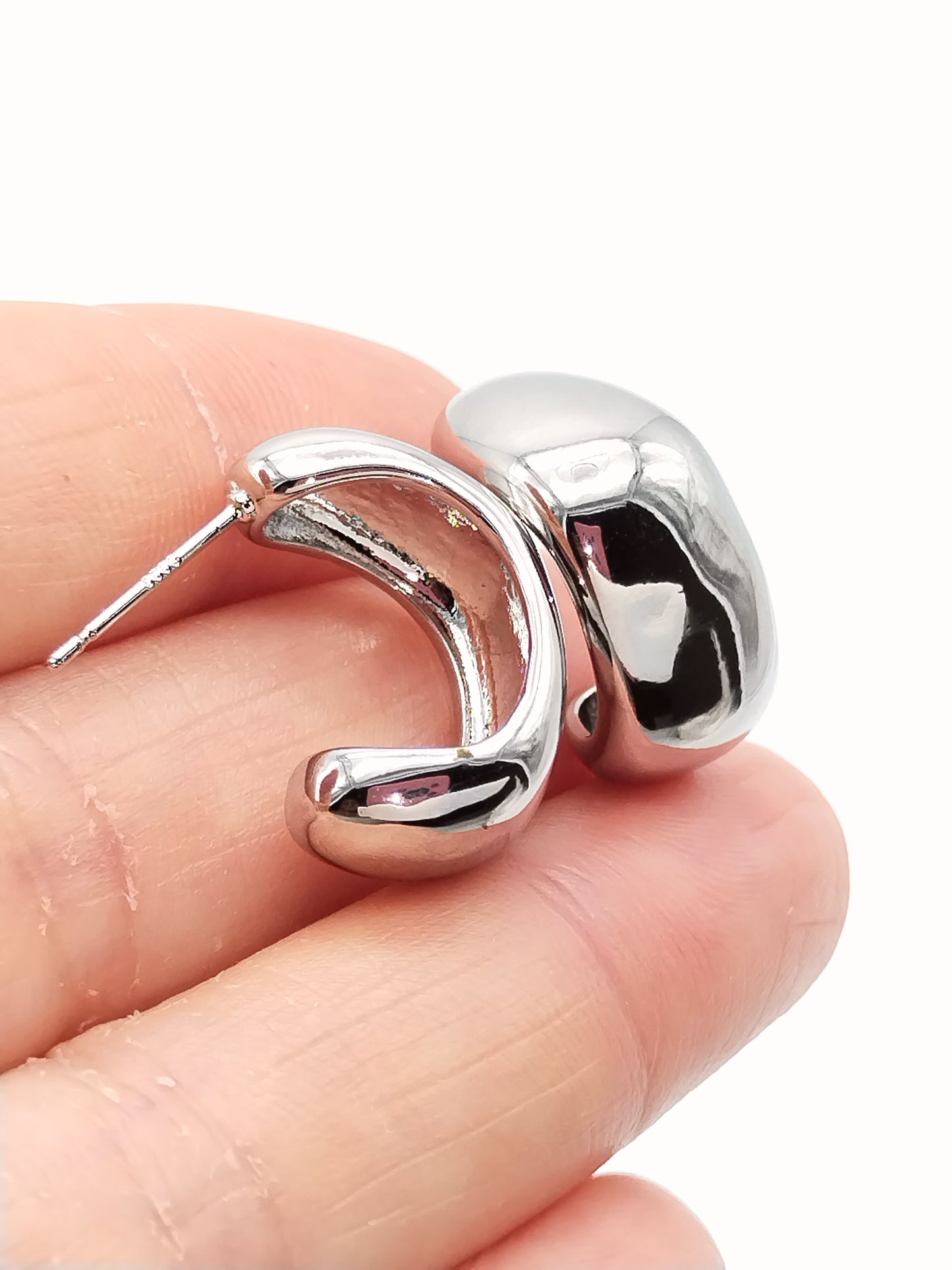 Chunky Silver Huggies, Hoop Earrings, Rhodium Jewelry, Elegant, Women, Gifts