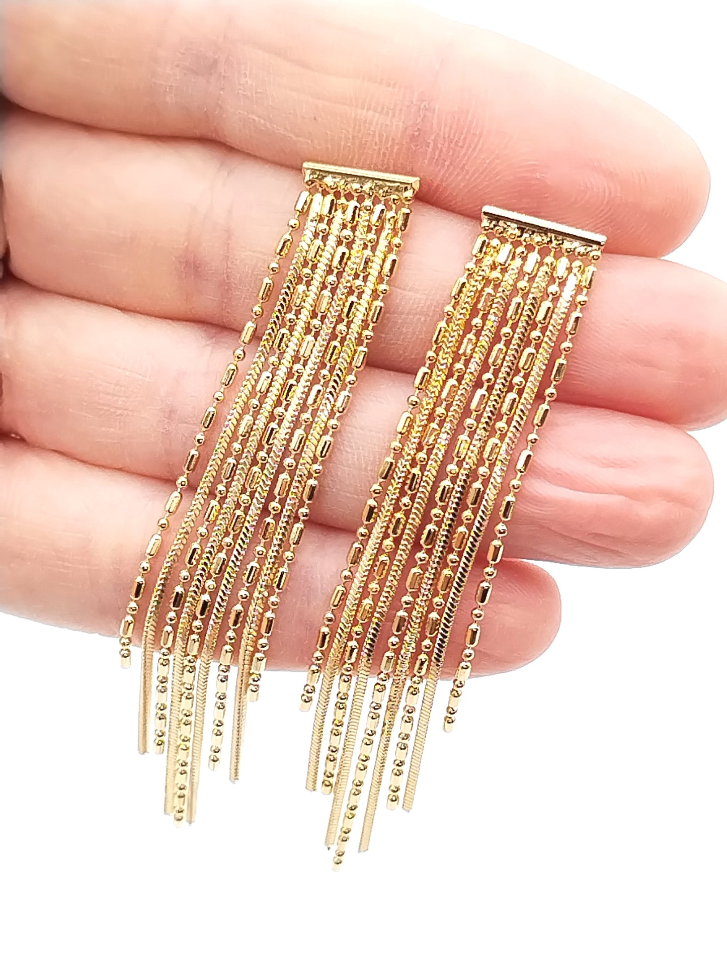 Edle Fransen-Goldkettenohrringe, lange Ohrhänger, Quastenohrstecker, Trendy, Frauen, Geschenke, Frühling Sommer
