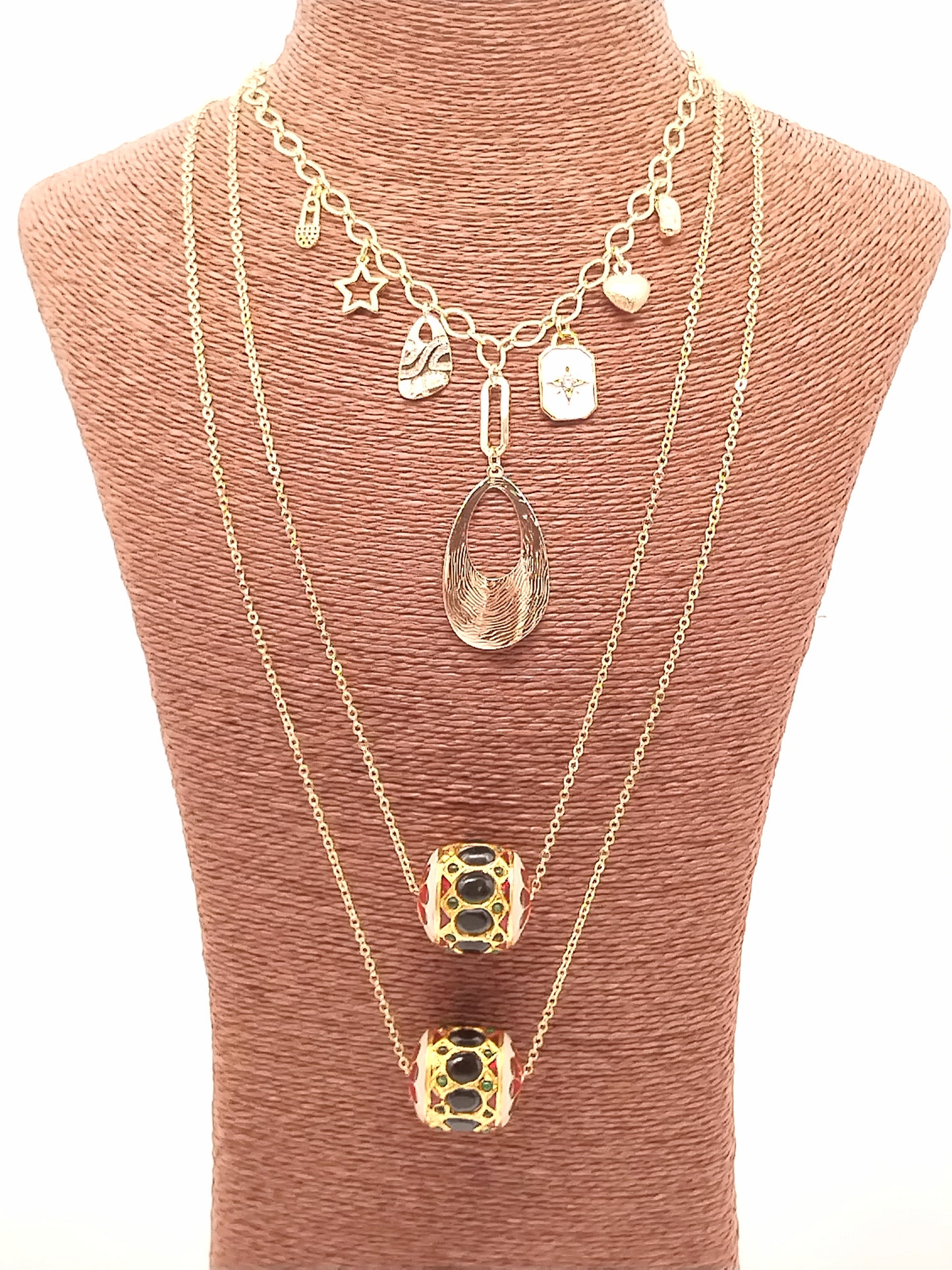 Long Pendant Necklace, Large Barrel Pendant,Gold Chain, Boho Chic, Trending Jewelry, Gift