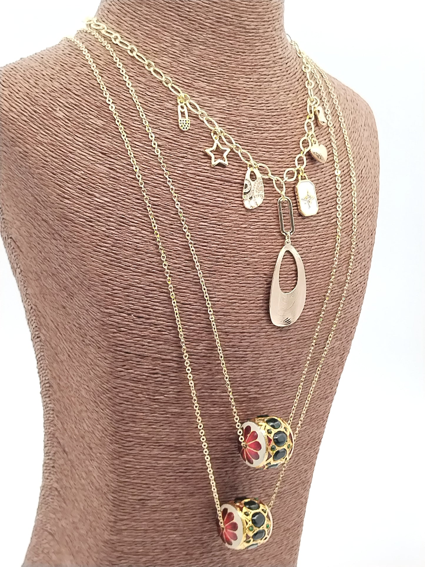 Charms Necklace, Gold Oval Chain, Dangling, Layering, Elegant, Women Jewelry, Holidays Gift