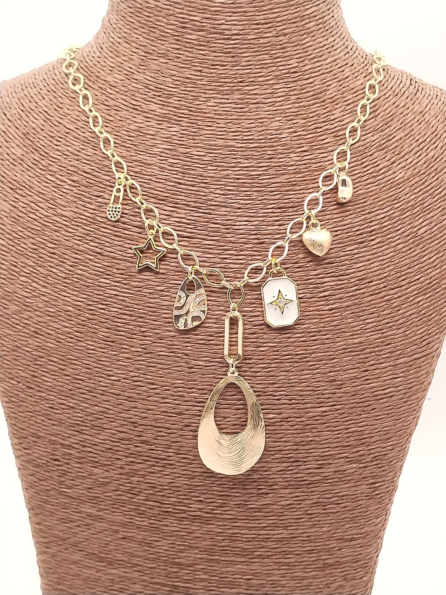 Charms Necklace, Gold Oval Chain, Dangling, Layering, Elegant, Women Jewelry, Holidays Gift