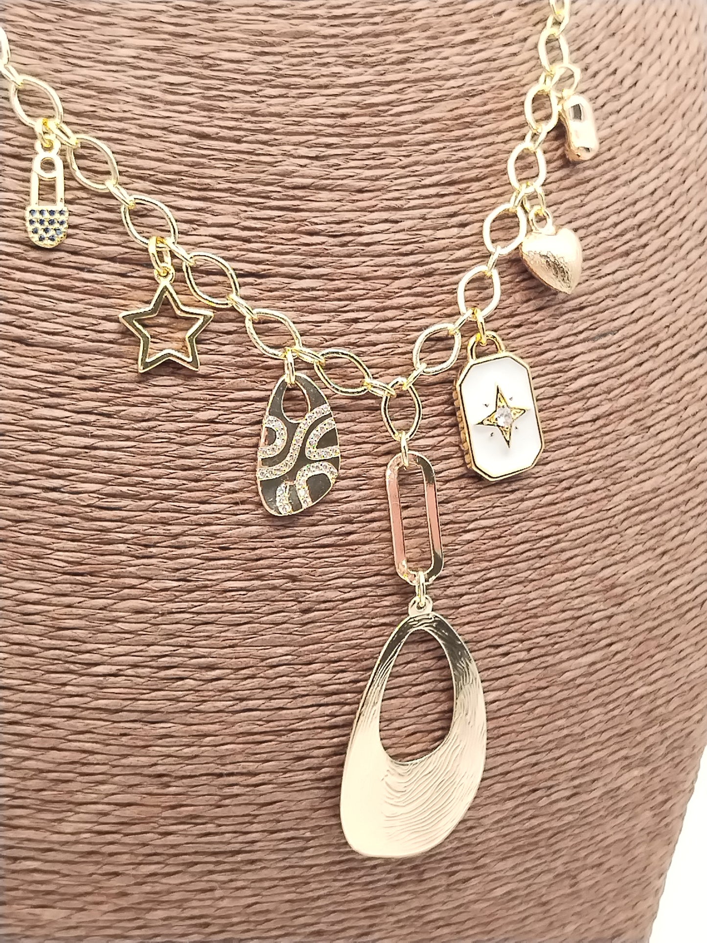 Charms Necklace, Gold Oval Chain, Dangling, Layering, Elegant, Women Jewelry, Holidays Gift