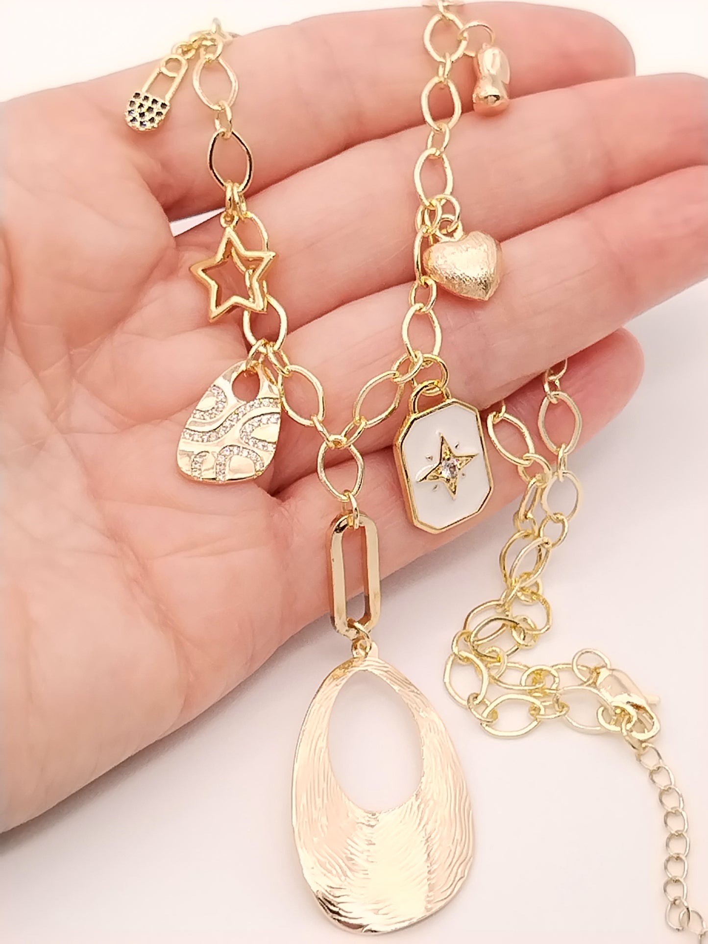 Charms Necklace, Gold Oval Chain, Dangling, Layering, Elegant, Women Jewelry, Holidays Gift