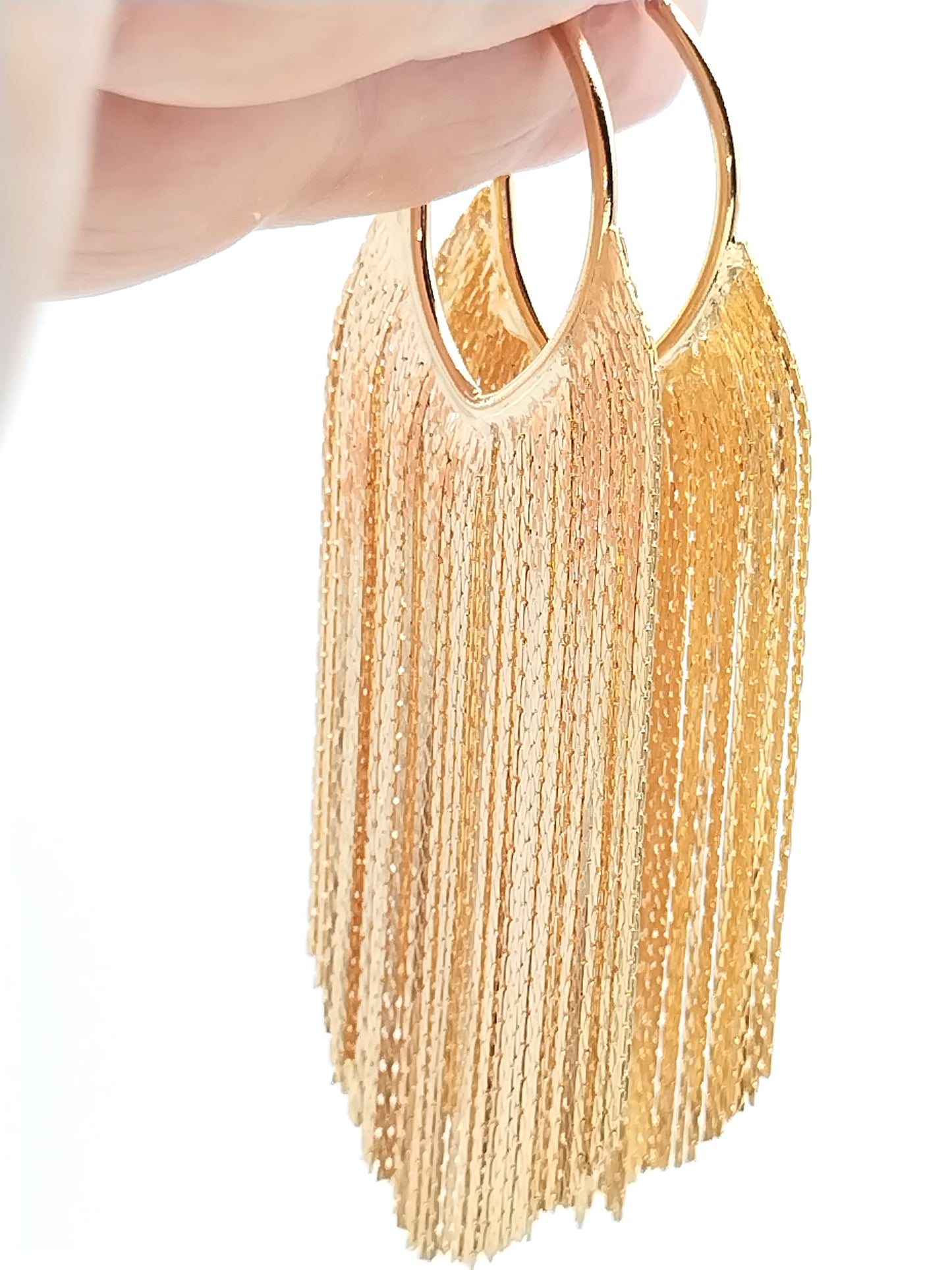 Fransen-Gold-Creolen, Quasten-Creolen, funkelnd, edel und lang, Geschenk, Frauen