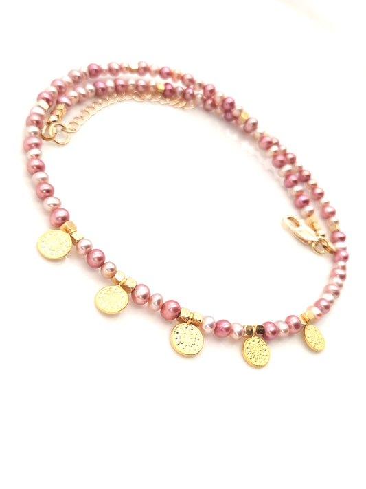 Rosa Süßwasserperlen Halskette, Goldmünzen Choker, Klein, Geschenk, Trendy, Edel, Frauen