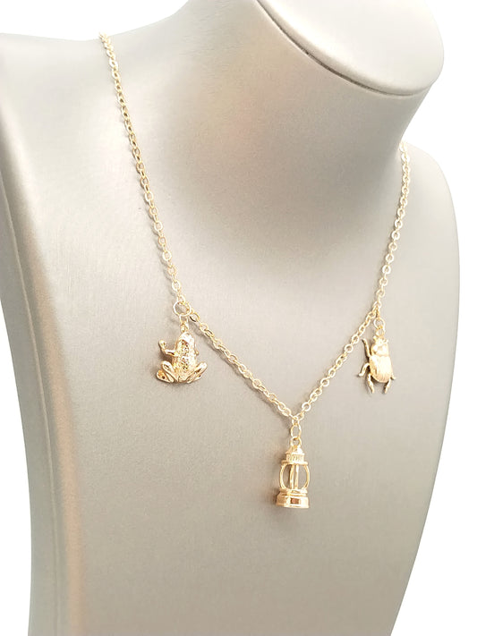 Gold Charm Necklace, Frog, Scarab, Lighthouse, Lucky Pendant Jewelry, Chain, Gifts for Women,
