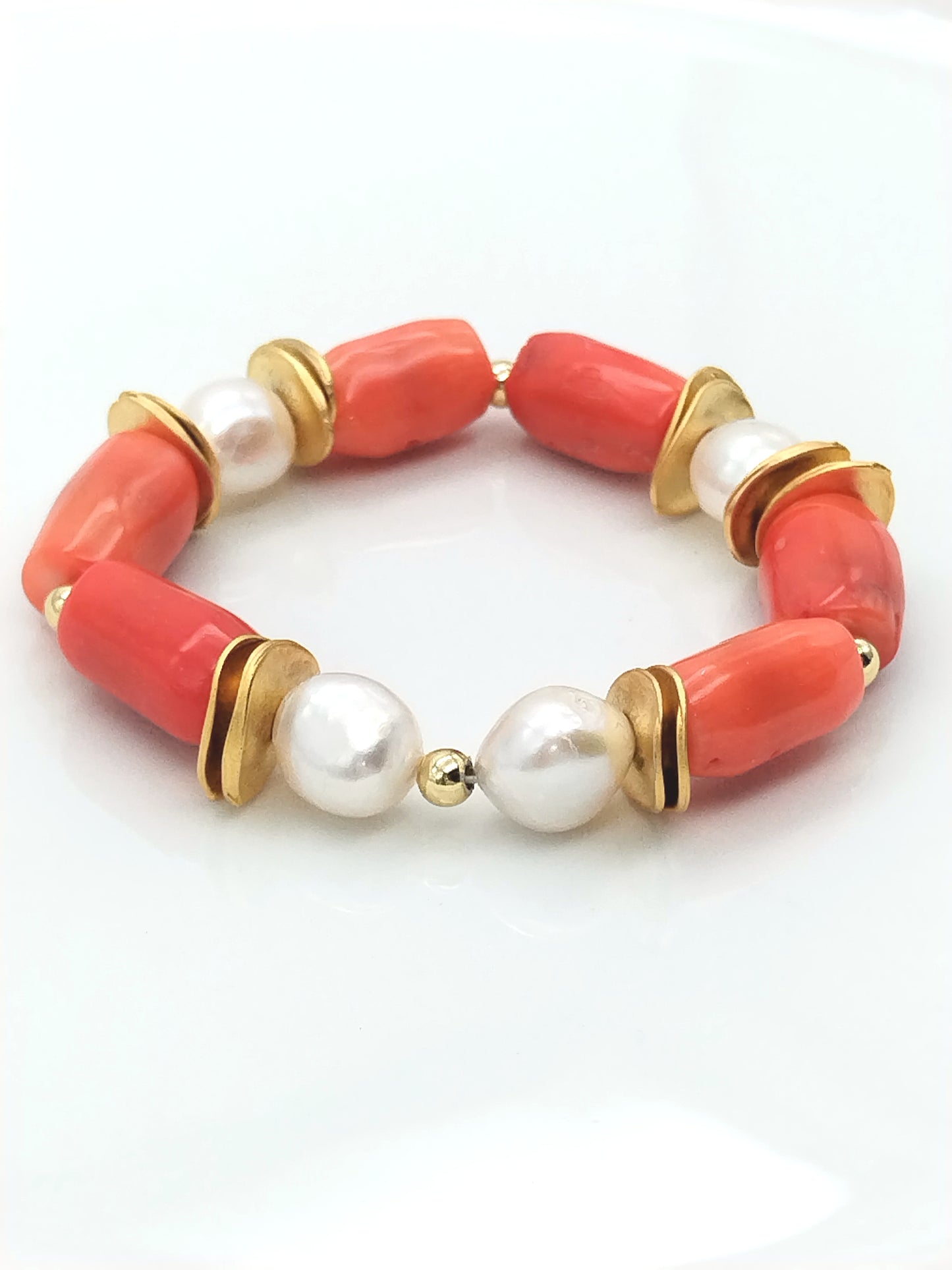 Bold Pearl Coral Bracelet, White Baroque Pearls, Coral Barrels, Trendy, Summer, Stackable, Women Jewelry