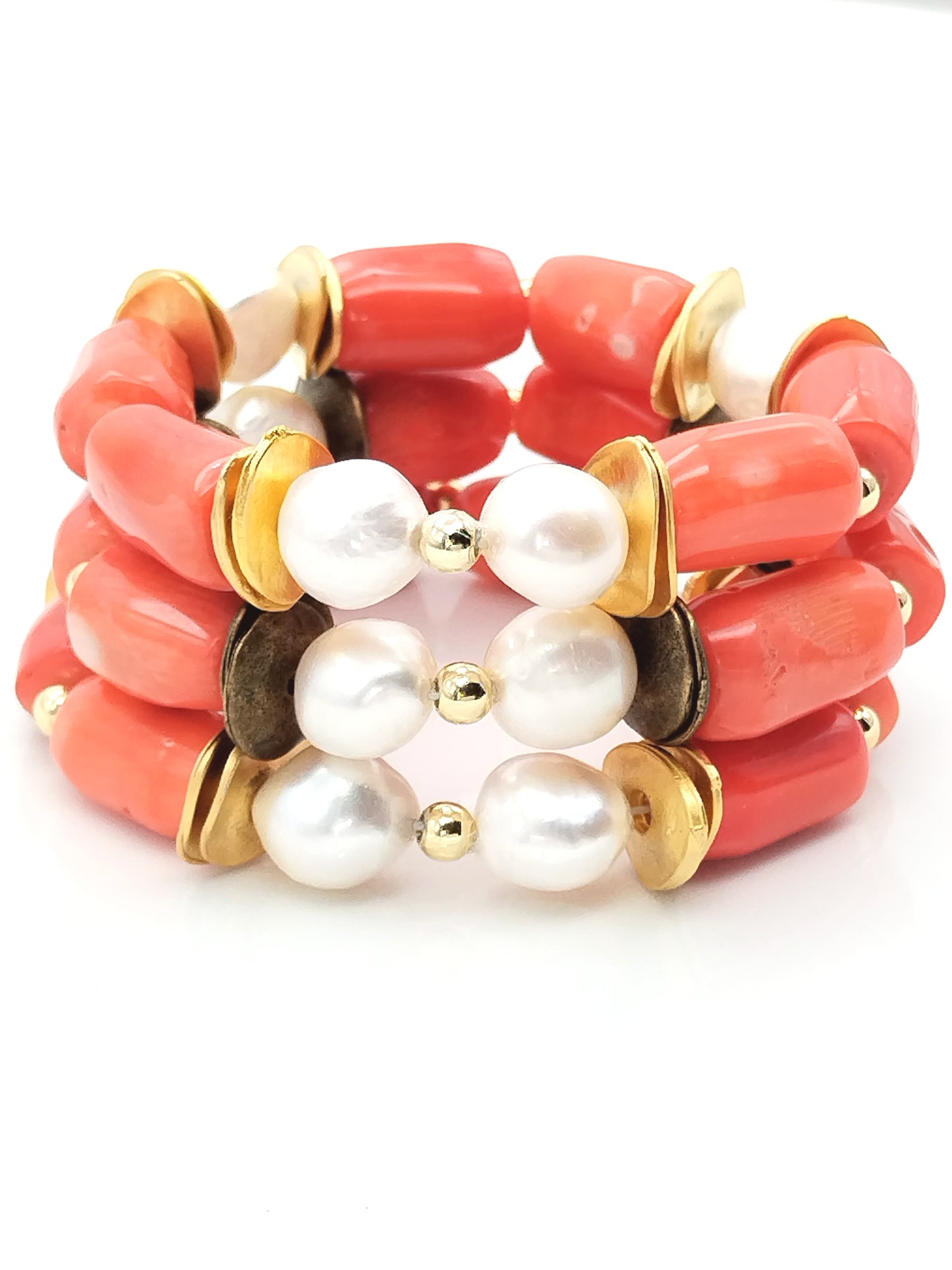 Bold Pearl Coral Bracelet, White Baroque Pearls, Coral Barrels, Trendy, Summer, Stackable, Women Jewelry