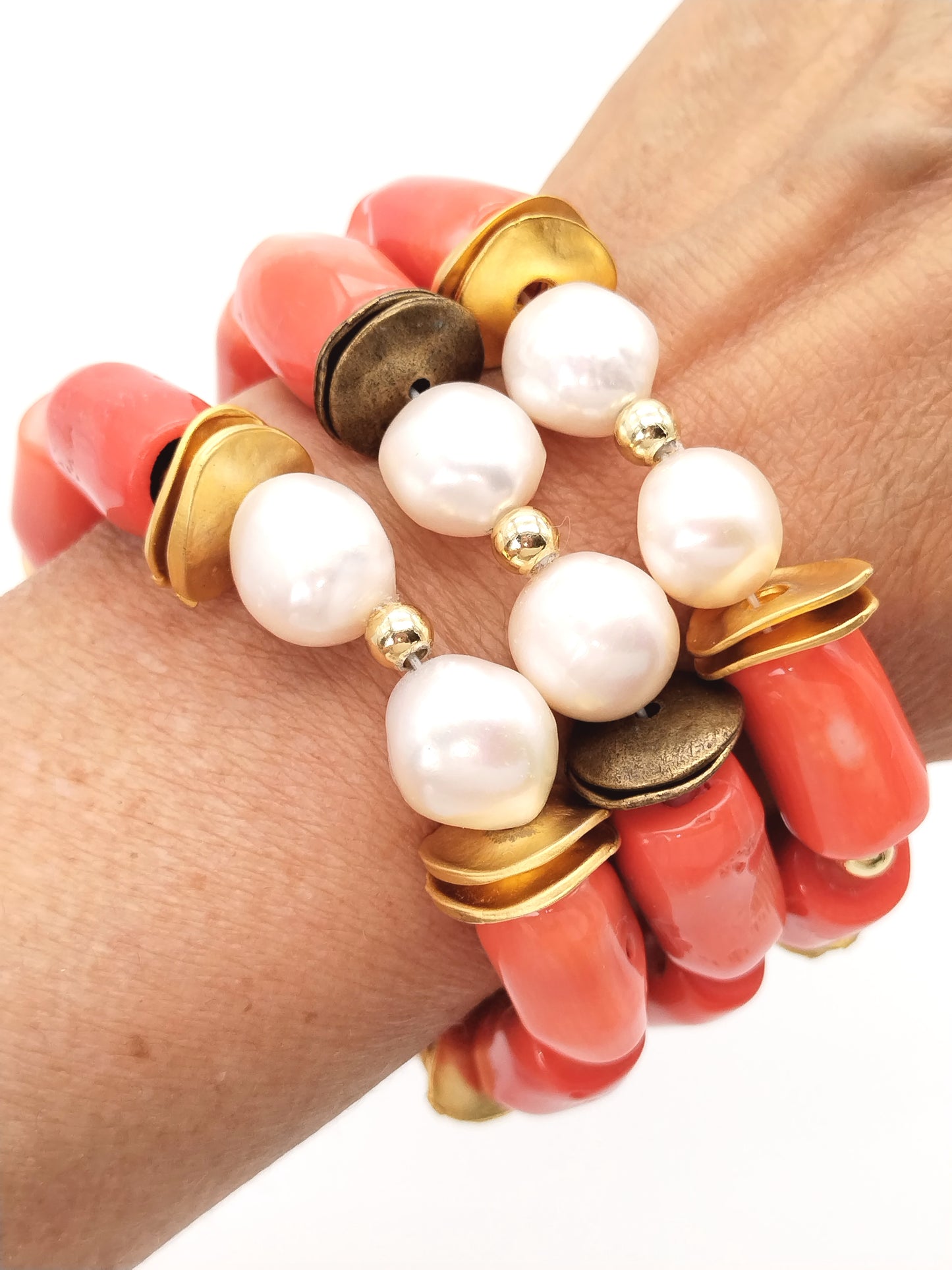 Bold Pearl Coral Bracelet, White Baroque Pearls, Coral Barrels, Trendy, Summer, Stackable, Women Jewelry