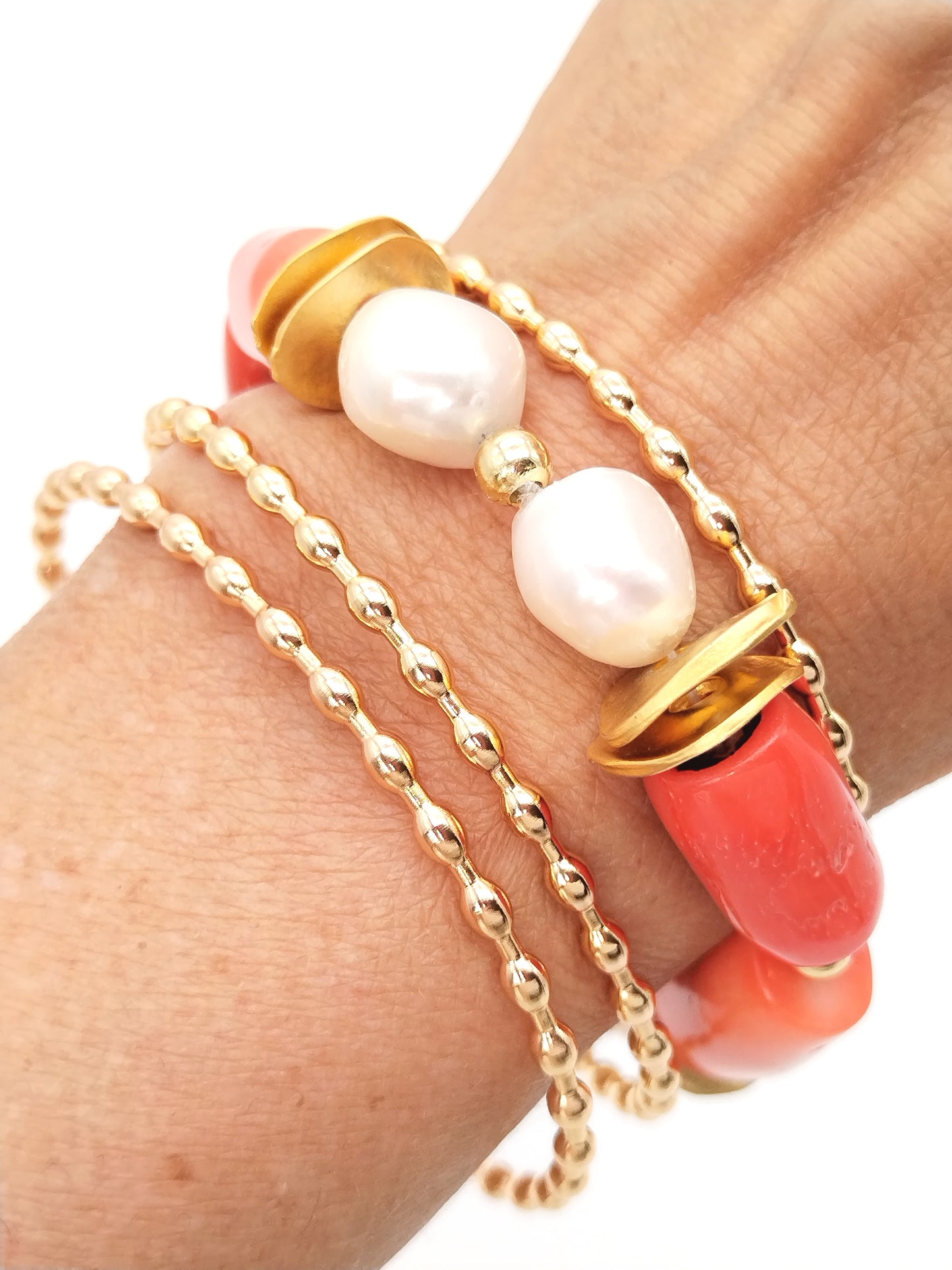 Bold Pearl Coral Bracelet, White Baroque Pearls, Coral Barrels, Trendy, Summer, Stackable, Women Jewelry