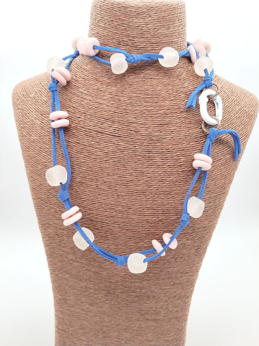Collar azul marino, gargantilla de cuentas de vidrio, largo, anudado a mano, cuero sintético, joyería colorida