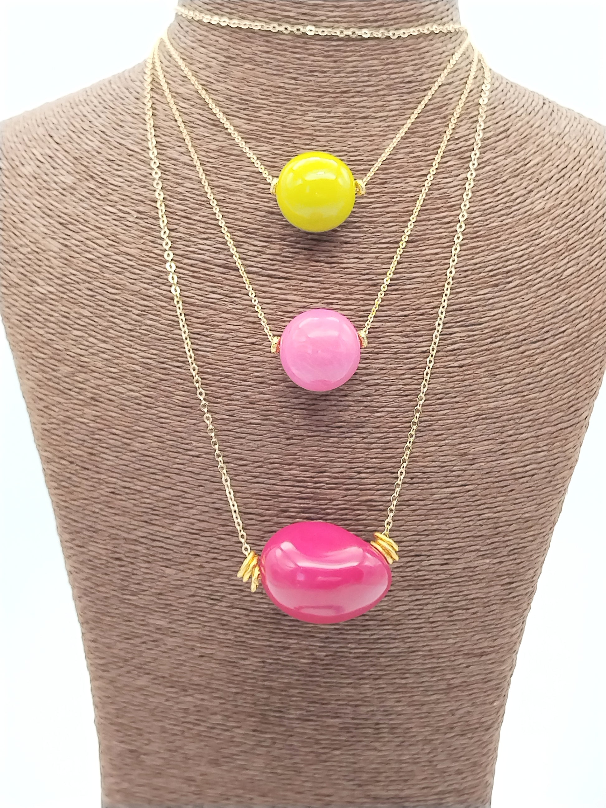 Pink tagua bead pendant on gold plated chain necklace - sustainable vegan jewelry

