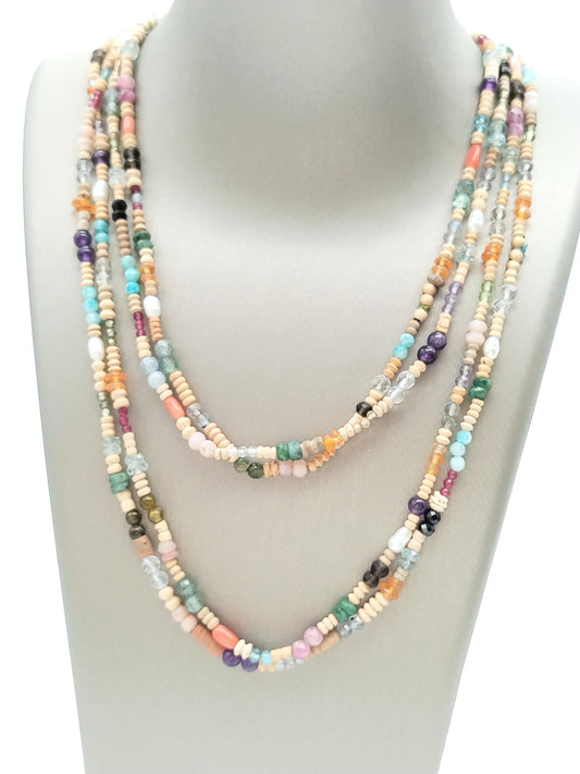 Unisex Long Gemstone and Terracotta beads Necklace, Boho - Chic, Minimalist Jewelry