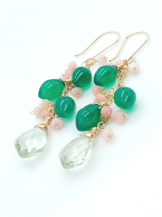 Green Onyx, Pink Opal & Prasiolite Long Drop Gold Filled Earrings