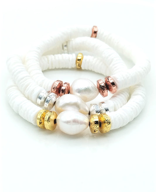 Gold-Silver-Cooper White Shell & Baroque Pearl Bracelets