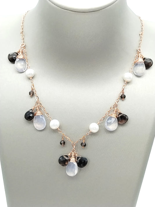 Rose Gold Dangling Quartz & Freshwater Pearls Necklace