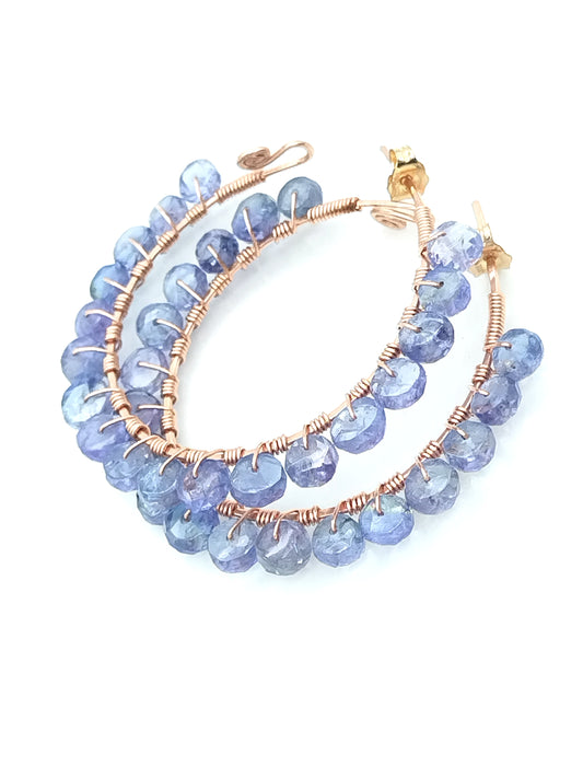 Pendientes grandes de aro con tanzanita en oro rosa