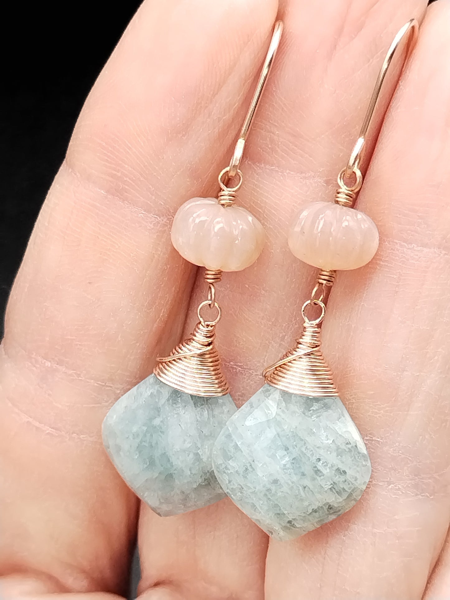 Long Aquamarine and Peachy Moonstone Dangle Rose Gold Earrings