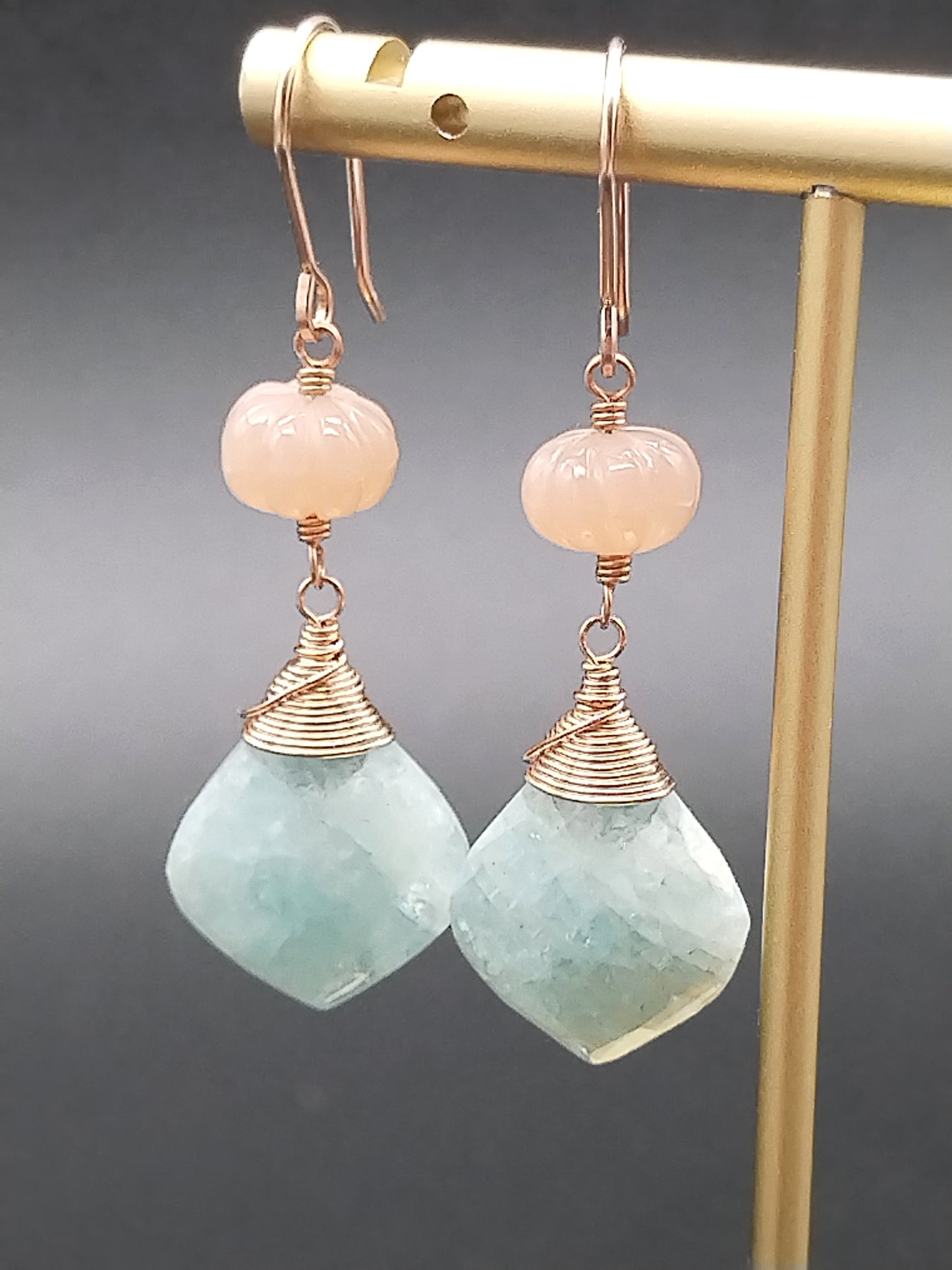 Long Aquamarine and Peachy Moonstone Dangle Rose Gold Earrings