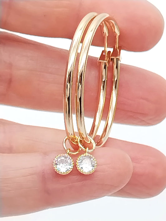 Large Gold Hoop Earrings with Removable CZ Charm | Versatile & Stylish