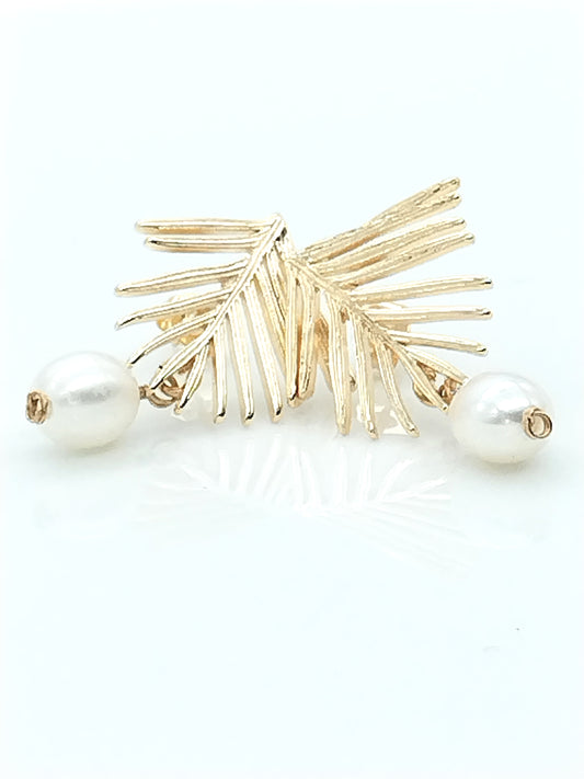 Pearl and Gold Leaf Stud Earrings