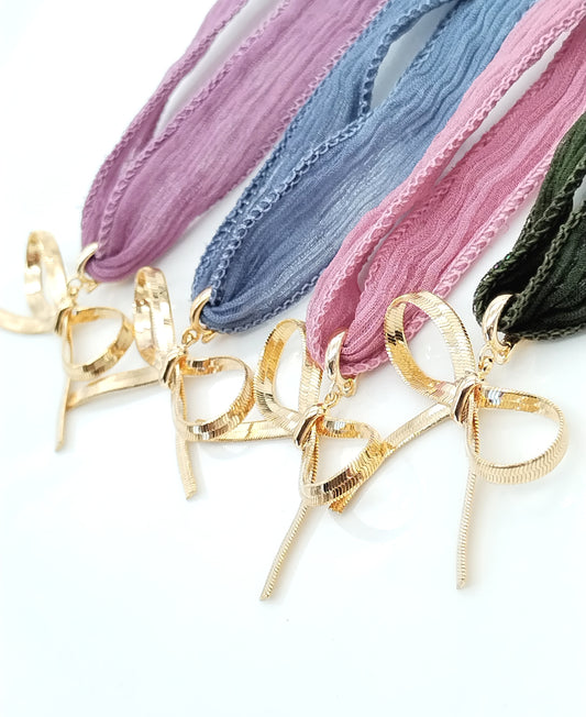 Versatile Pastel Silk Ribbon Tie and Bracelet with Removable Gold Bowknot Charm
