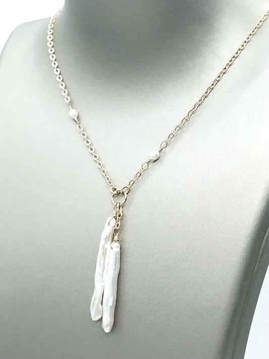 14k Gold Filled Stick Pearl Necklace | Dainty Biwa Pearl Station Chain