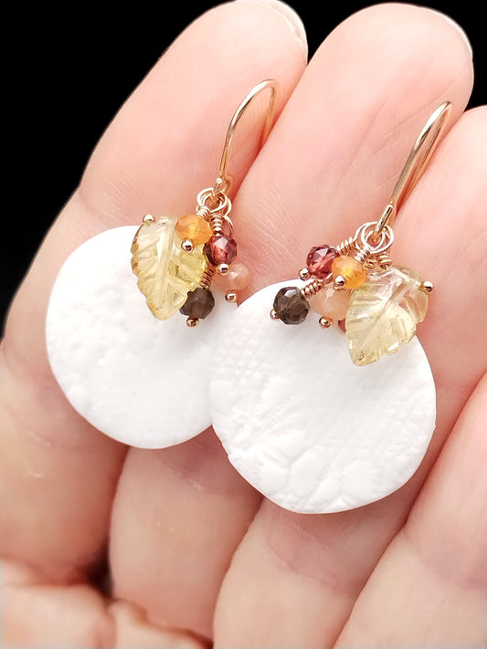 White French Porcelain Disc with Citrine Carved Leaf Earrings - 14k Gold Filled Multi-Gemstone Cluster Dangles